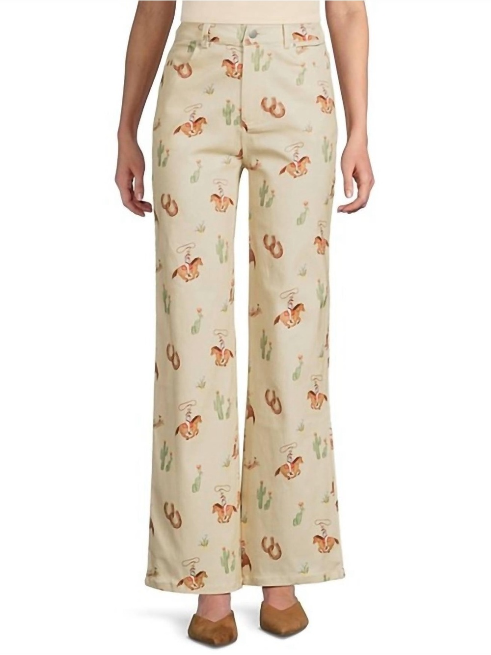 Cream Wide-Leg Printed Western-Theme Pants